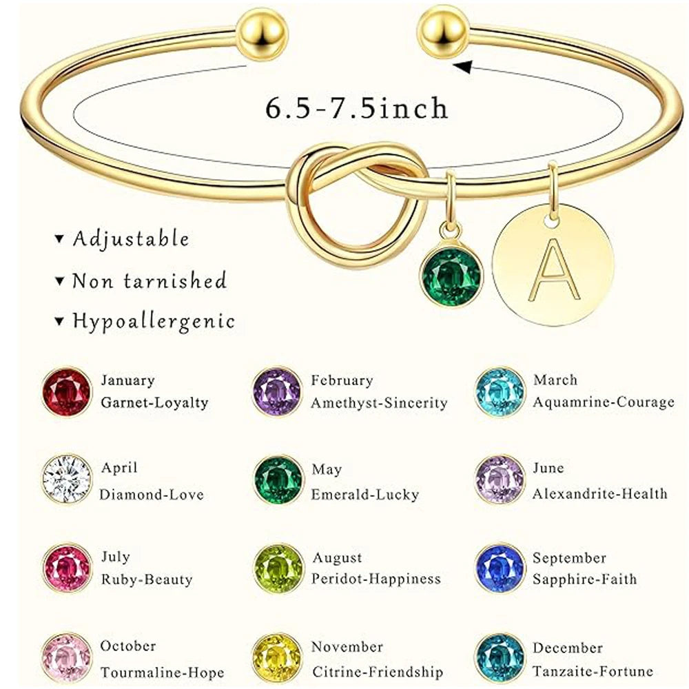 Initial Birthstone 14K Gold Plated Bracelets for Women Bridesmaid Proposal Gift Love Knot Cuff Bangle Bracelet Birthday Gifts