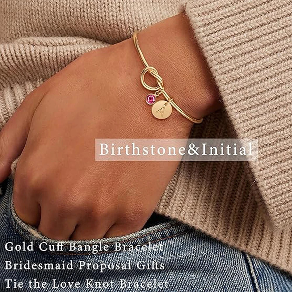 Initial Birthstone 14K Gold Plated Bracelets for Women Bridesmaid Proposal Gift Love Knot Cuff Bangle Bracelet Birthday Gifts