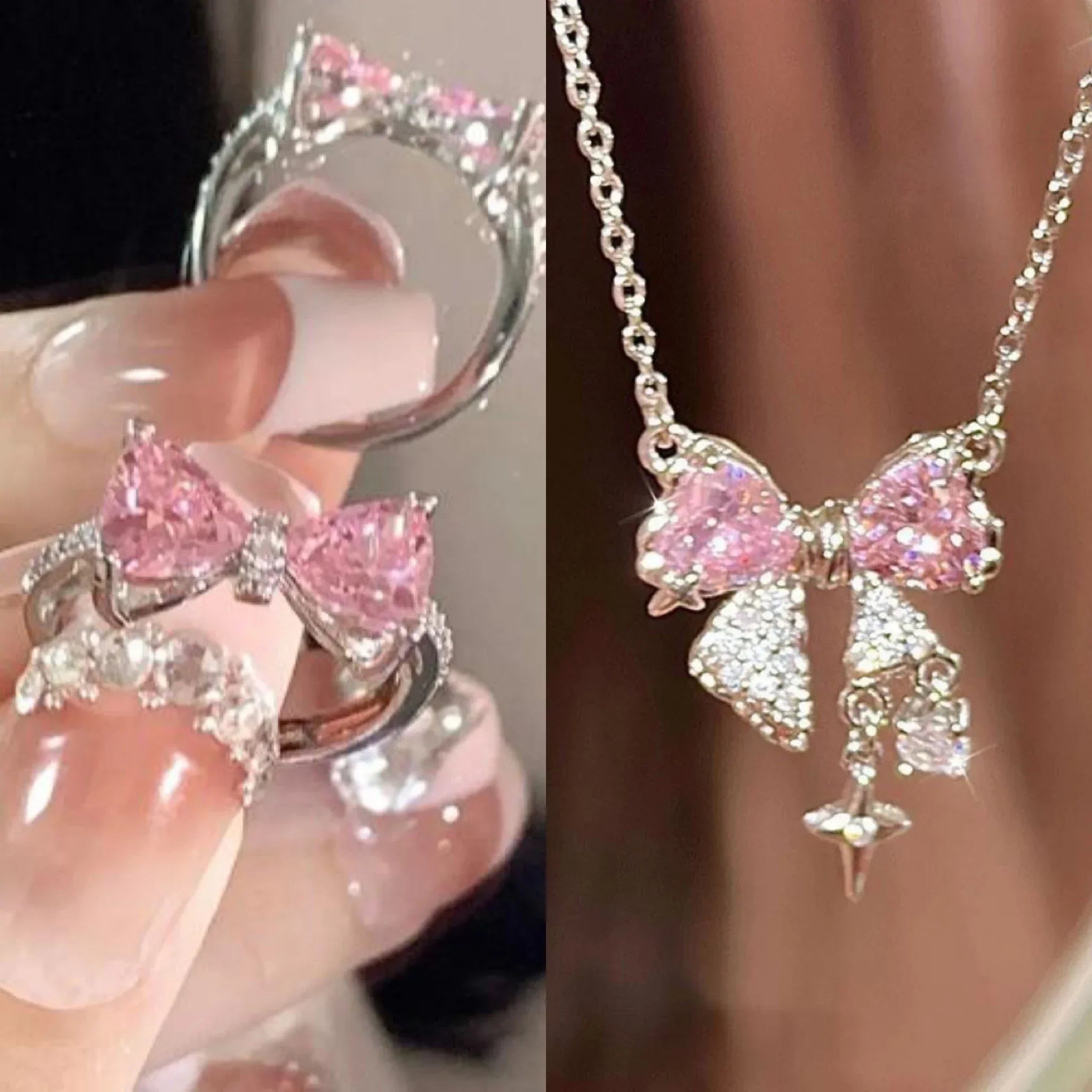 Pink crystal bow knot pendant necklace with rhinestone heart details. A sweet Y2K fairy-style accessory, perfect for girls and women.