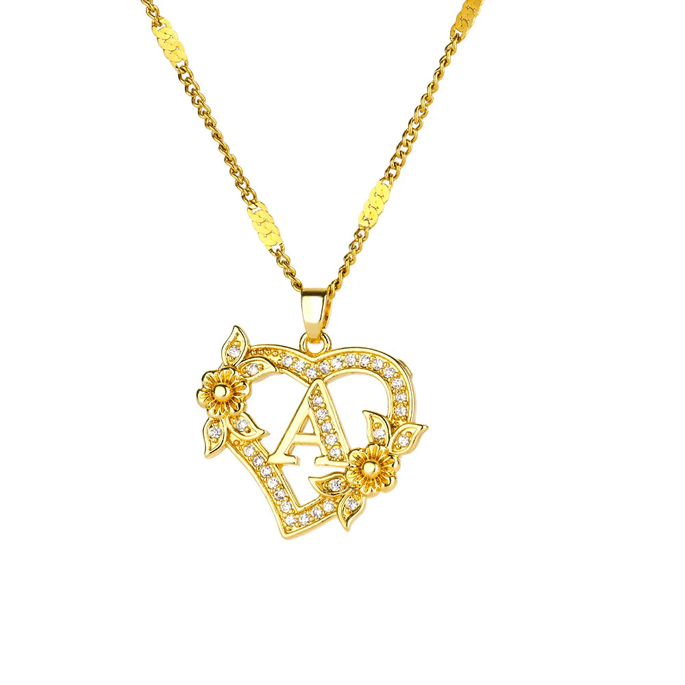 Gold-colored stainless steel heart initial necklace for women – personal, modern, and gift-ready.